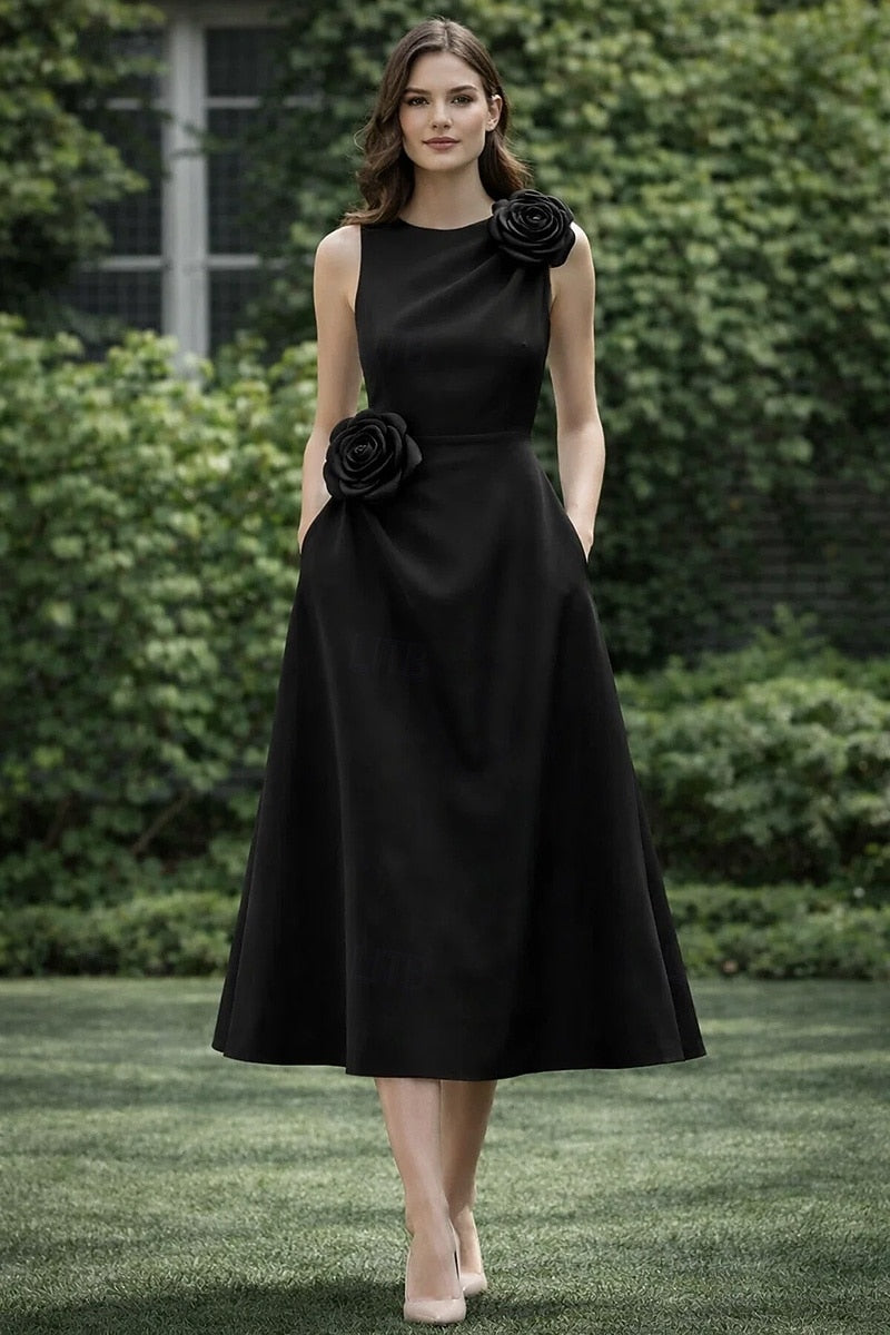 O-Neck Sleeveless Flowers A-Line Tea-Length Evening Dress