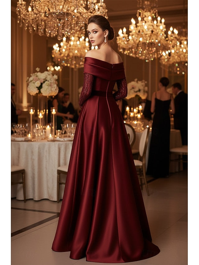 A-Line Side Slit Off the Shoulder Long Sleeve Formal Evening Dress