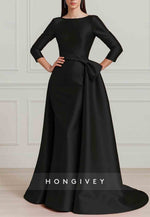 3/4 Sleeve Satin Detachable Bateau Neck Trumpet Evening Gown