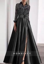 Pleated Long Sleeve Satin Waistband Flower Illusion Neck Beading Evening Gown