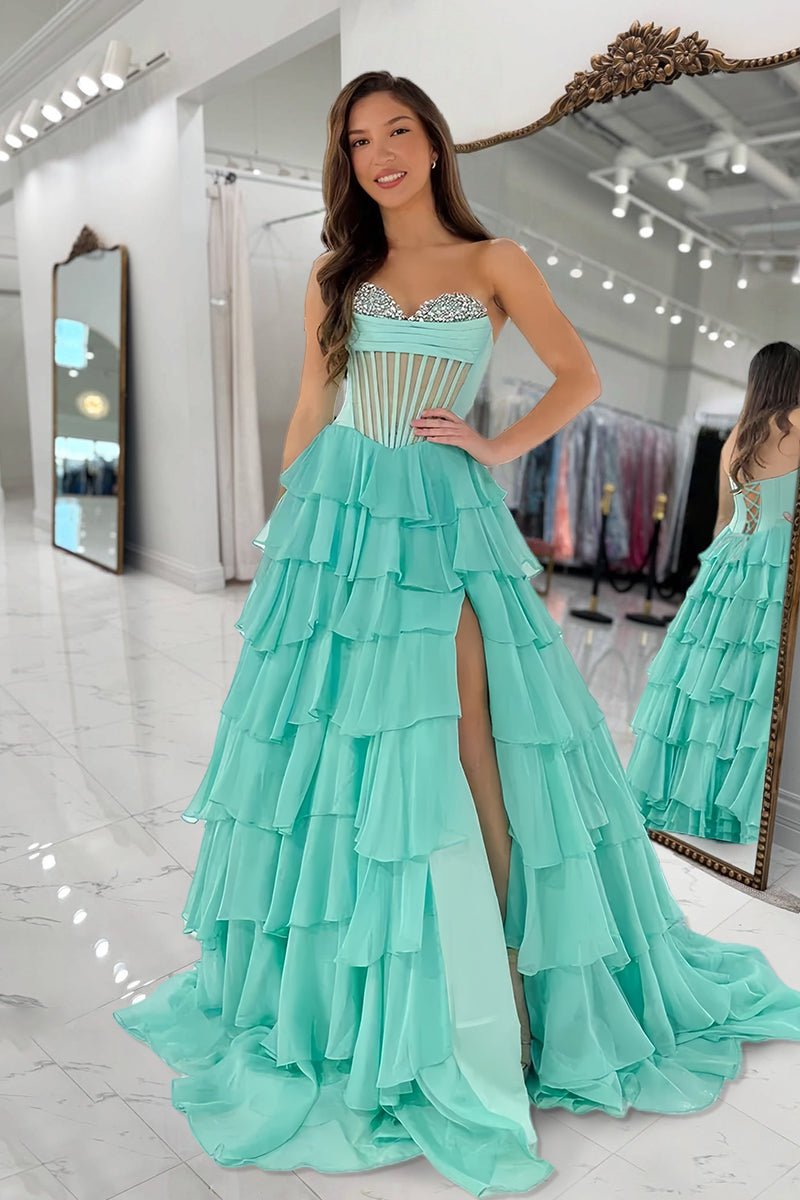 Strapless A Line Chiffon Ruffled Formal Prom Dresses With Beading