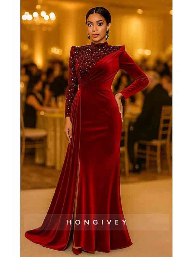High Neck Mermaid Long Sleeve Evening Gown Side Slit