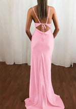 Pink Spaghetti Straps Satin Cowl Neck Mermaid Prom Dress