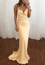 Pink Spaghetti Straps Satin Cowl Neck Mermaid Prom Dress