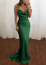 Pink Spaghetti Straps Satin Cowl Neck Mermaid Prom Dress