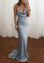 Pink Spaghetti Straps Satin Cowl Neck Mermaid Prom Dress