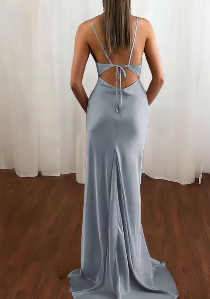 Pink Spaghetti Straps Satin Cowl Neck Mermaid Prom Dress