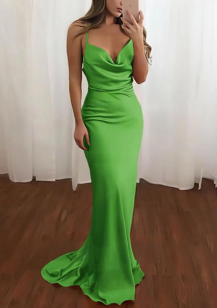 Pink Spaghetti Straps Satin Cowl Neck Mermaid Prom Dress