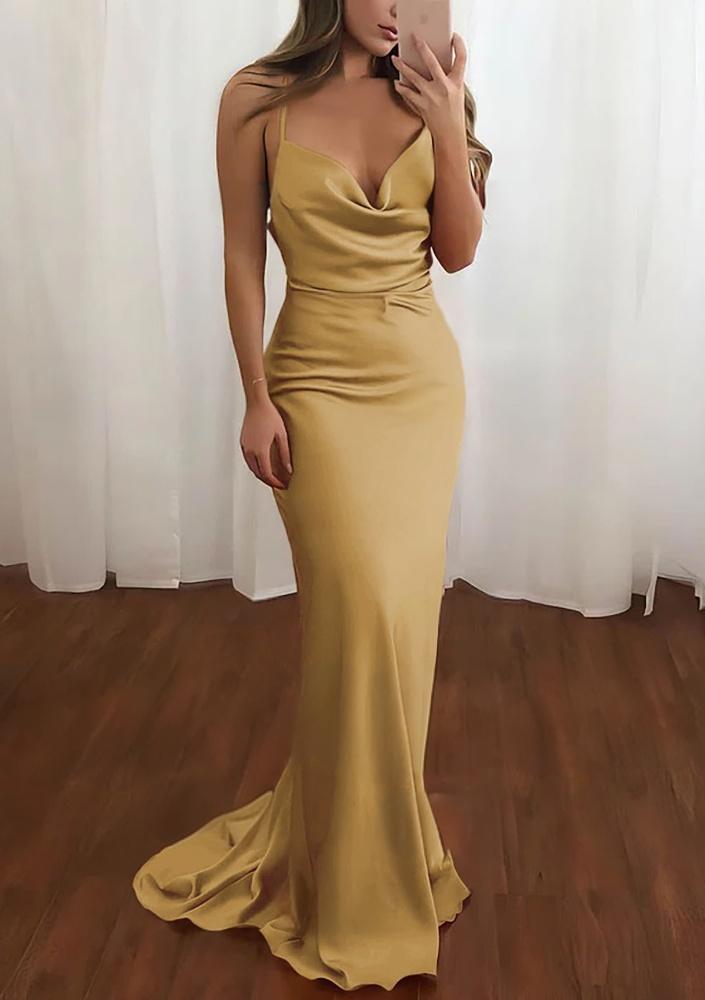 Pink Spaghetti Straps Satin Cowl Neck Mermaid Prom Dress