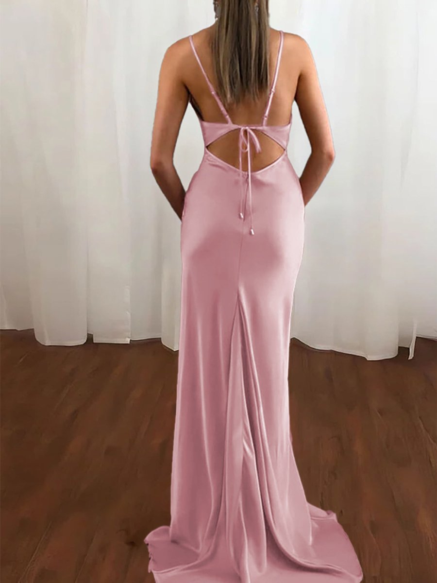Pink Spaghetti Straps Satin Cowl Neck Mermaid Prom Dress