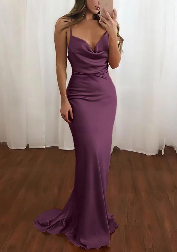 Pink Spaghetti Straps Satin Cowl Neck Mermaid Prom Dress