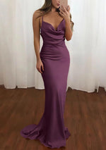 Pink Spaghetti Straps Satin Cowl Neck Mermaid Prom Dress