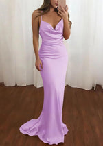 Pink Spaghetti Straps Satin Cowl Neck Mermaid Prom Dress