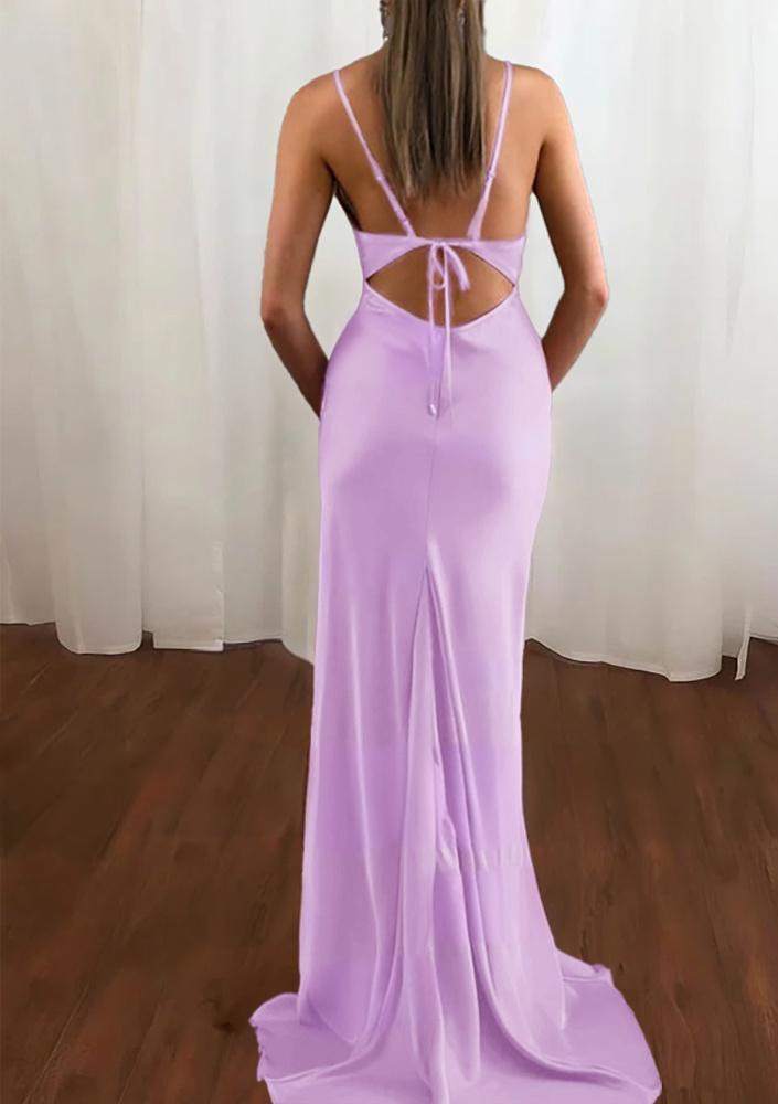 Pink Spaghetti Straps Satin Cowl Neck Mermaid Prom Dress