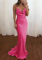 Pink Spaghetti Straps Satin Cowl Neck Mermaid Prom Dress