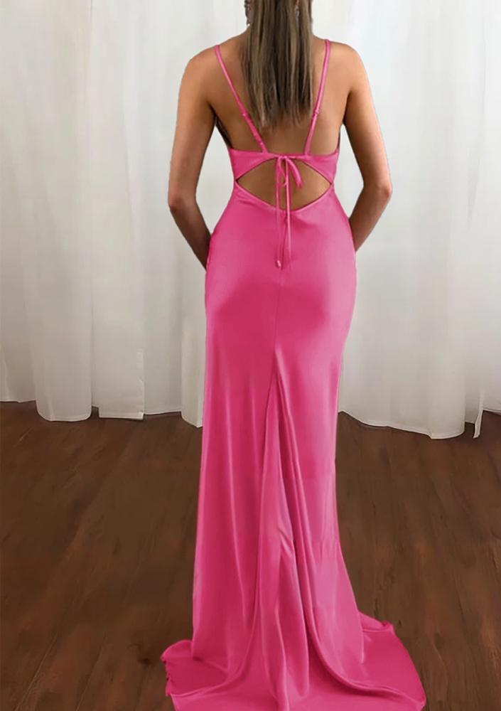 Pink Spaghetti Straps Satin Cowl Neck Mermaid Prom Dress
