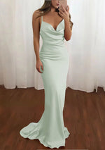 Pink Spaghetti Straps Satin Cowl Neck Mermaid Prom Dress