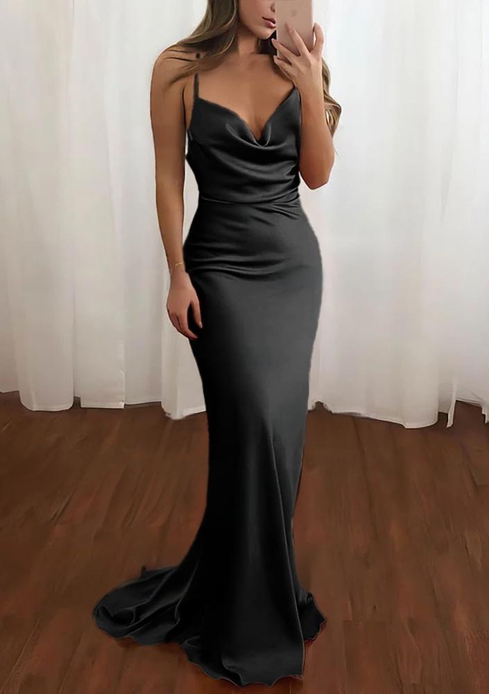 Pink Spaghetti Straps Satin Cowl Neck Mermaid Prom Dress