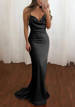 Pink Spaghetti Straps Satin Cowl Neck Mermaid Prom Dress