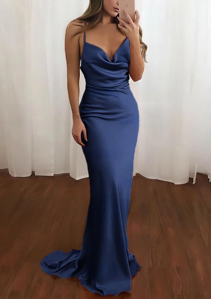 Pink Spaghetti Straps Satin Cowl Neck Mermaid Prom Dress