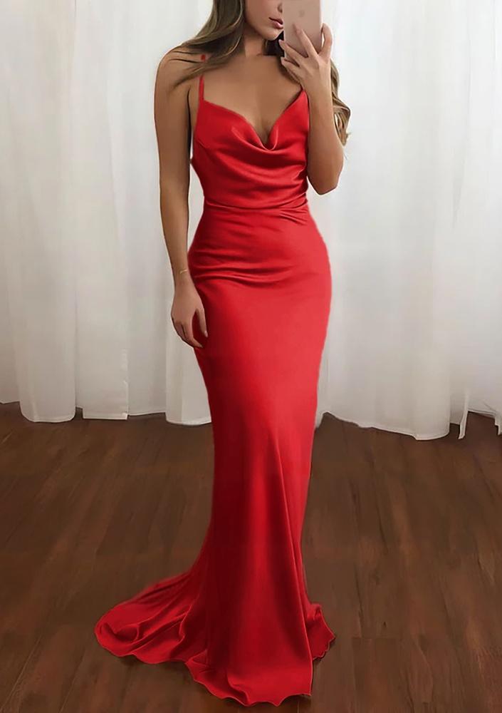 Pink Spaghetti Straps Satin Cowl Neck Mermaid Prom Dress