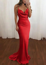 Pink Spaghetti Straps Satin Cowl Neck Mermaid Prom Dress