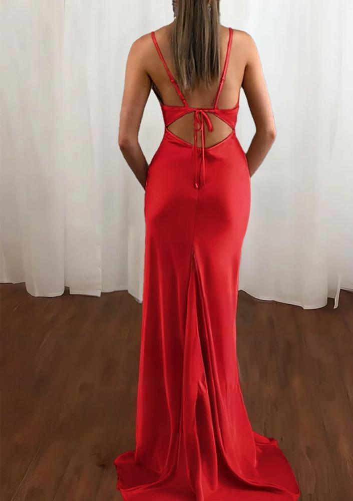 Pink Spaghetti Straps Satin Cowl Neck Mermaid Prom Dress