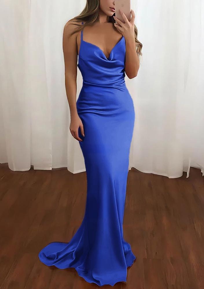 Pink Spaghetti Straps Satin Cowl Neck Mermaid Prom Dress