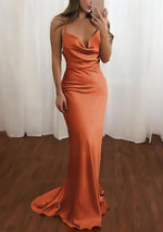 Pink Spaghetti Straps Satin Cowl Neck Mermaid Prom Dress