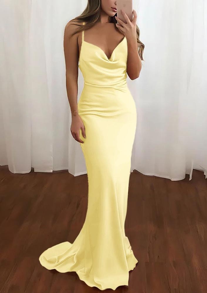 Pink Spaghetti Straps Satin Cowl Neck Mermaid Prom Dress