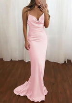 Pink Spaghetti Straps Satin Cowl Neck Mermaid Prom Dress