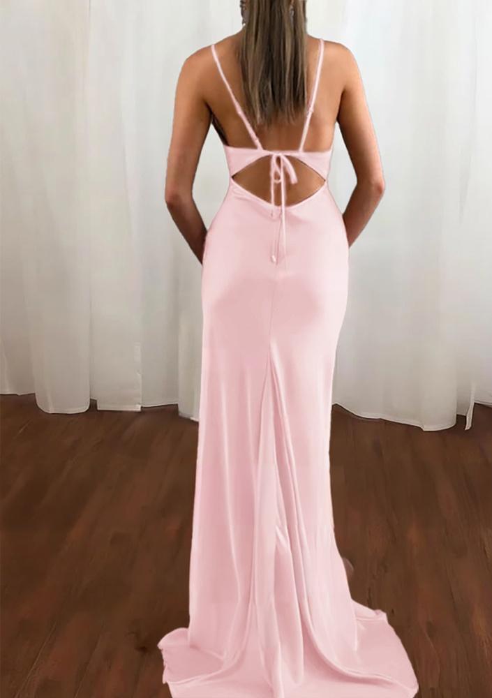 Pink Spaghetti Straps Satin Cowl Neck Mermaid Prom Dress