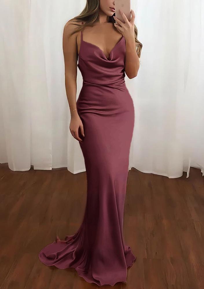 Pink Spaghetti Straps Satin Cowl Neck Mermaid Prom Dress