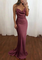 Pink Spaghetti Straps Satin Cowl Neck Mermaid Prom Dress