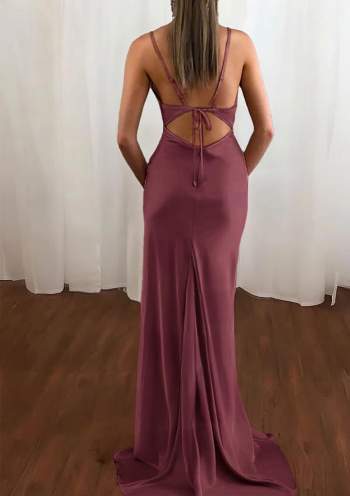 Pink Spaghetti Straps Satin Cowl Neck Mermaid Prom Dress