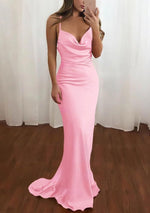 Pink Spaghetti Straps Satin Cowl Neck Mermaid Prom Dress