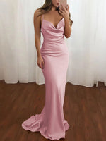 Pink Spaghetti Straps Satin Cowl Neck Mermaid Prom Dress