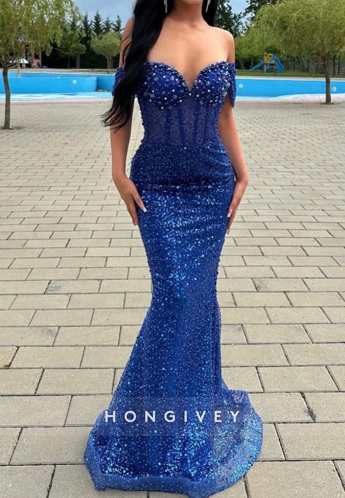 Strapless V Neck Beads Mermaid Long Prom Formal Dress