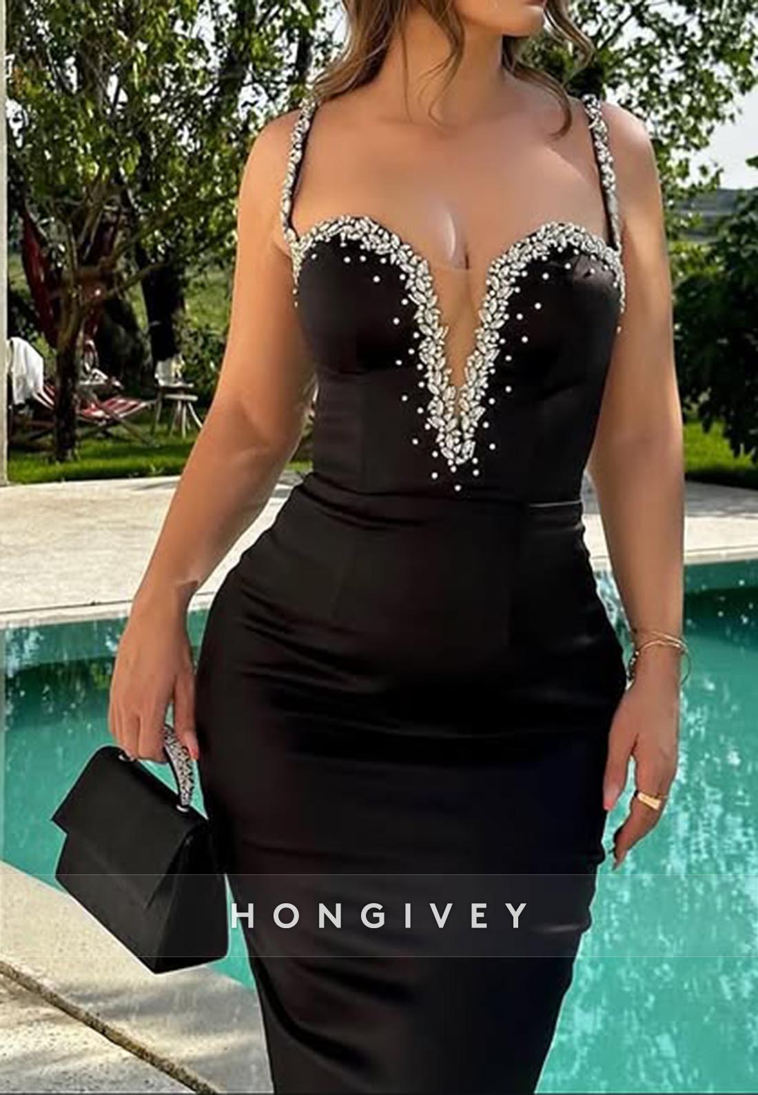 Sexy V Neck Beads Straps Black Sheath Long Formal Evening Dress