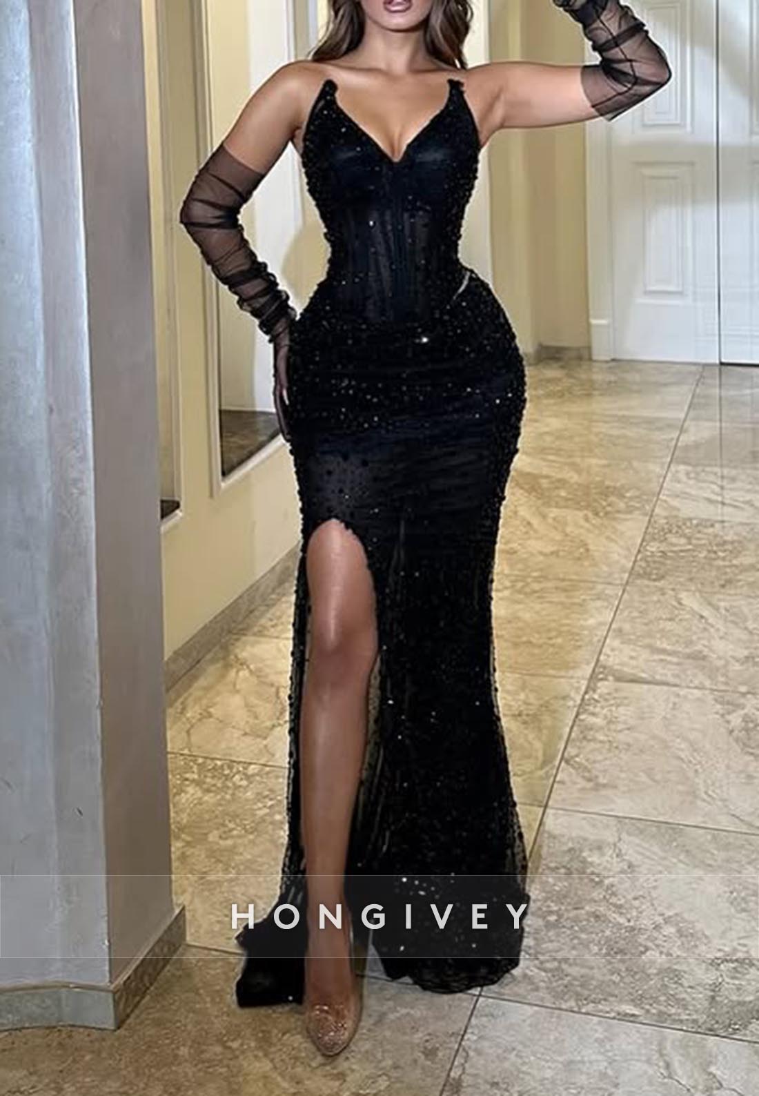 Sexy V Neck Bead Lace Side Slit Mermaid Black Formal Evening Dress