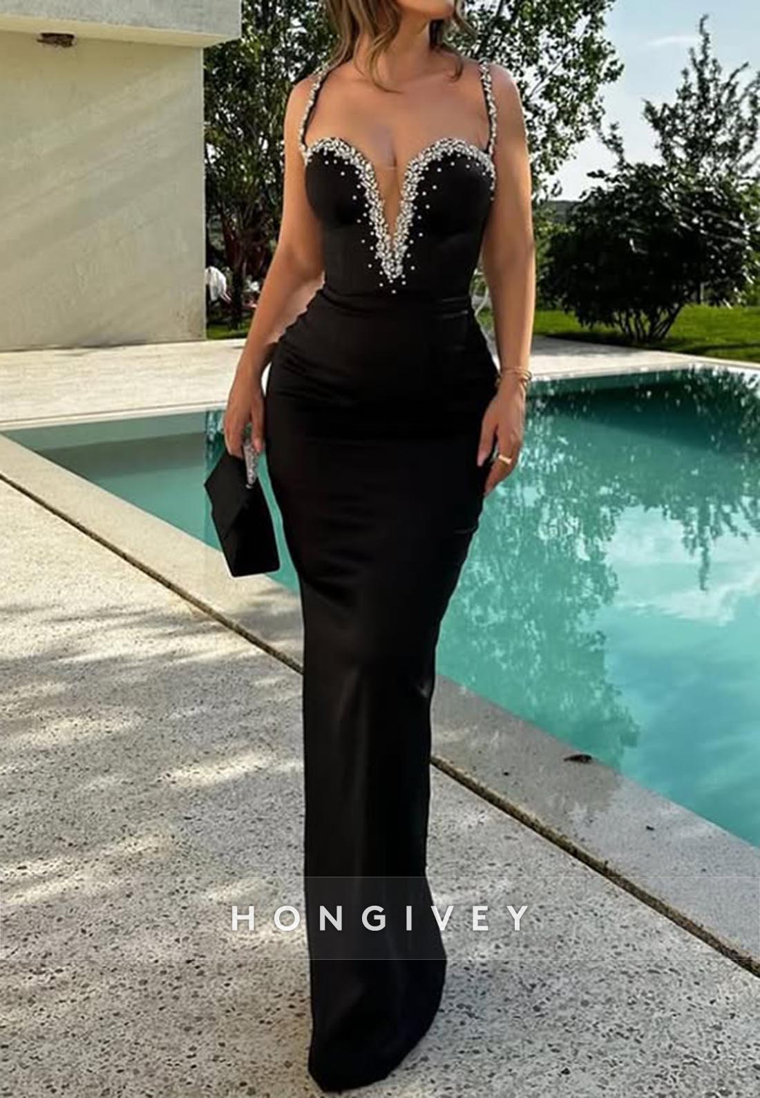 Sexy V Neck Beads Straps Black Sheath Long Formal Evening Dress