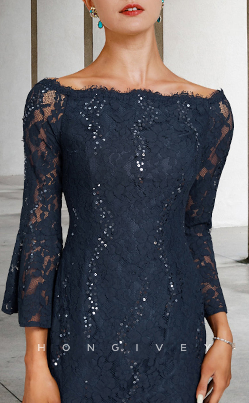 HM213 - Chic Fitted Lace Applique 3/4 Sleeves Mother of the Bride Dress