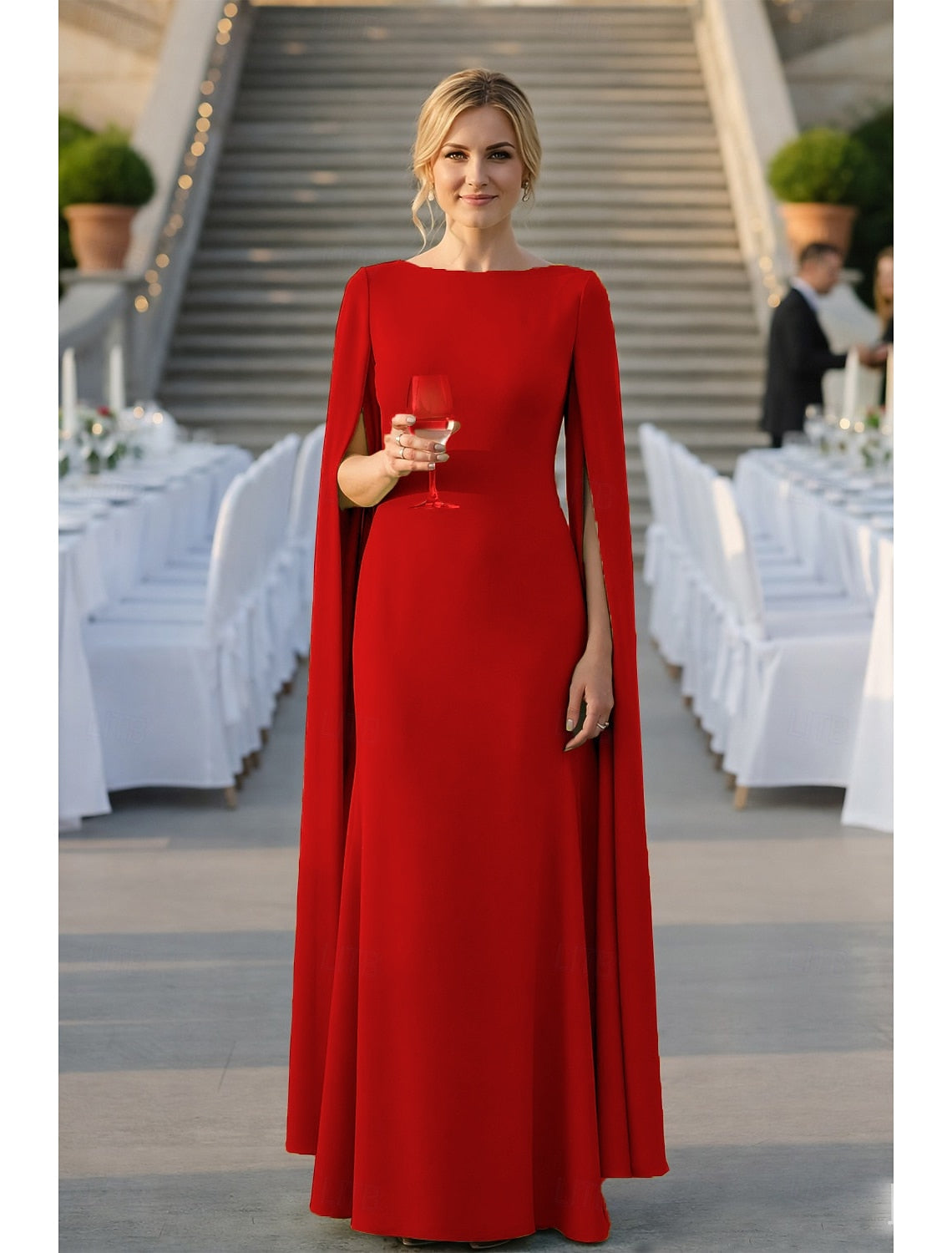 Cape Sleeve Floor-Length Mermaid Evening Gown Mother of the Bride Dress