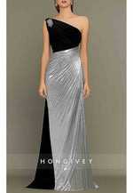 One Shoulder Black Gold Evening Gown Trumpet Satin Mother Of the Bride Dress with Rhinestone Pleats
