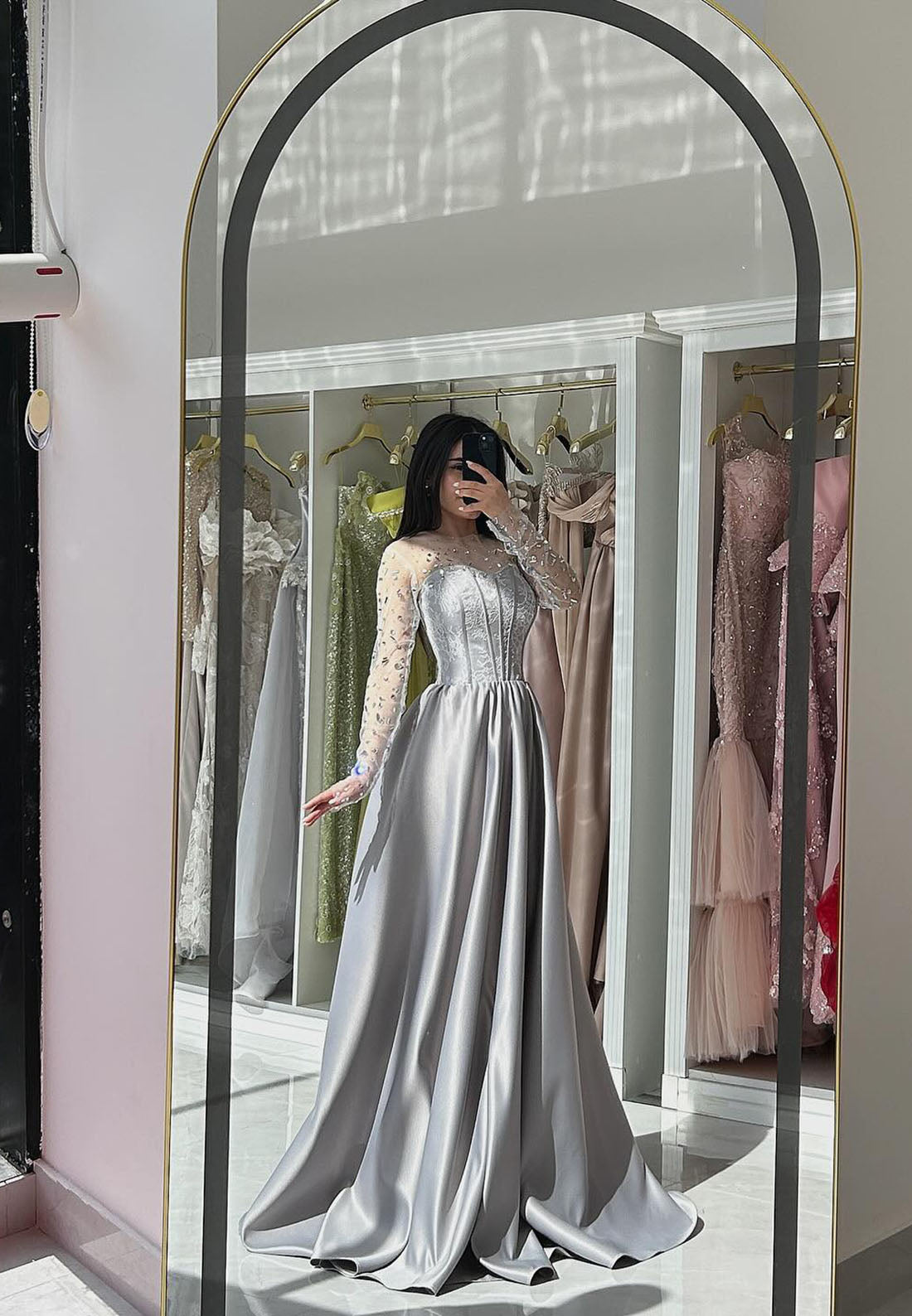 Lace Beaded Long Sleeve A-Line Floor-Length Evening Dress Foraml