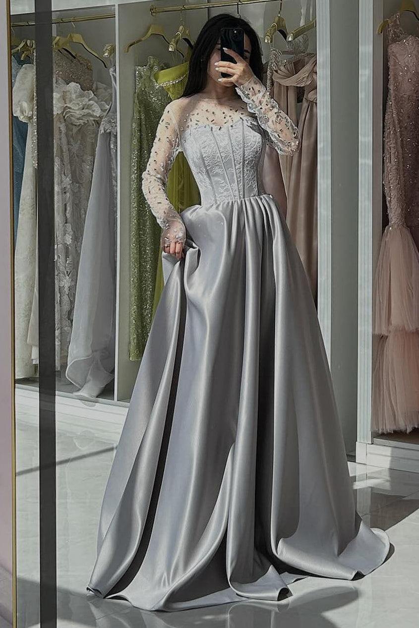 Lace Beaded Long Sleeve A-Line Floor-Length Evening Dress Foraml