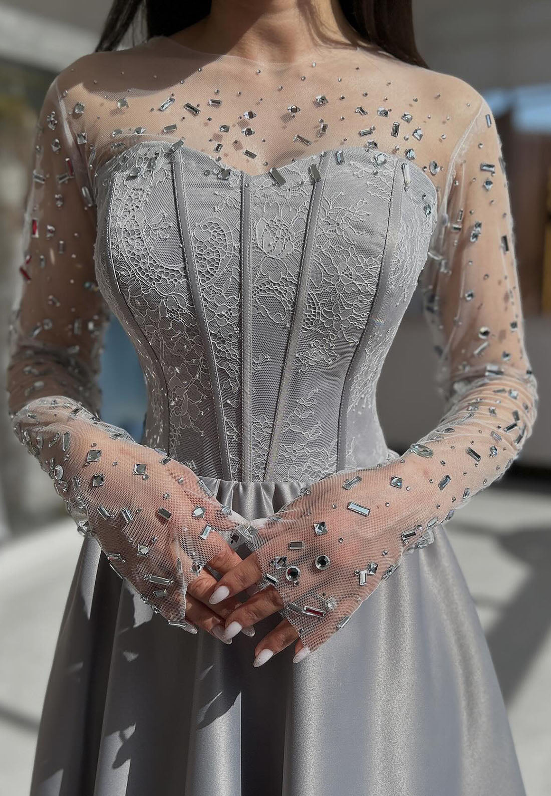 Lace Beaded Long Sleeve A-Line Floor-Length Evening Dress Foraml