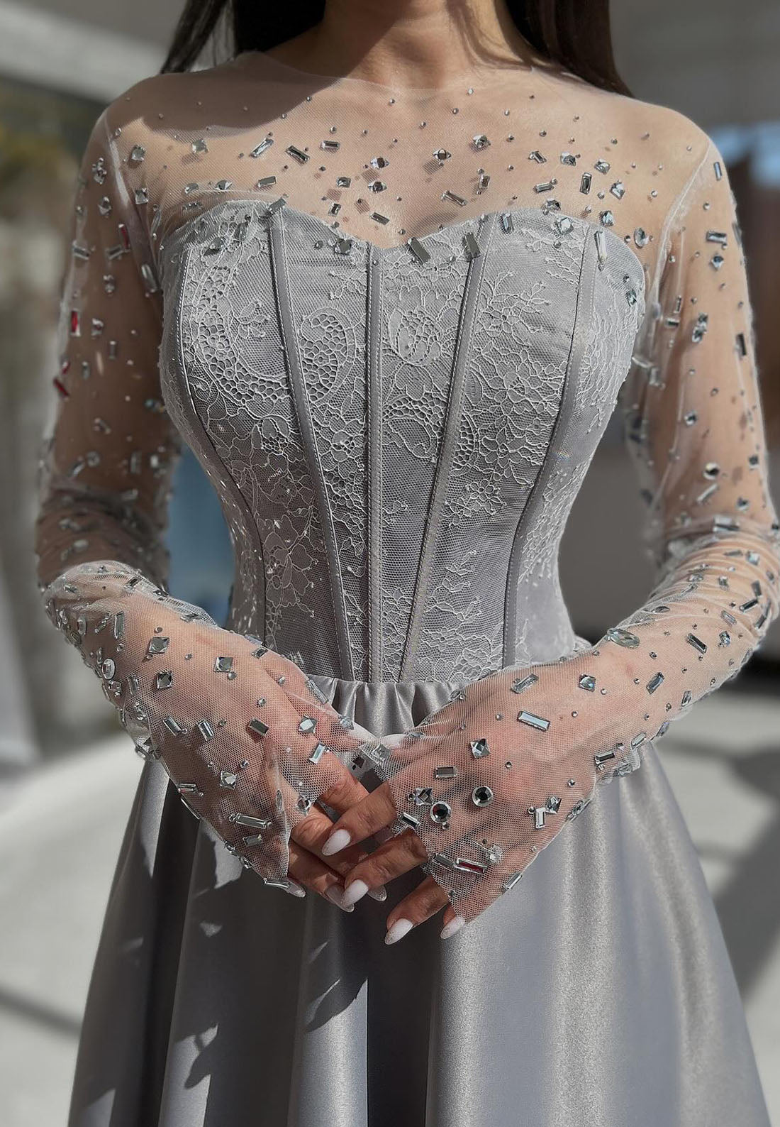 Lace Beaded Long Sleeve A-Line Floor-Length Evening Dress Foraml