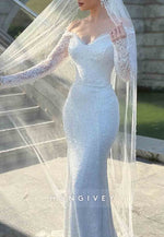 Lace Off the Shoulder Long Sleeves Sequined Mermaid Wedding Dresses