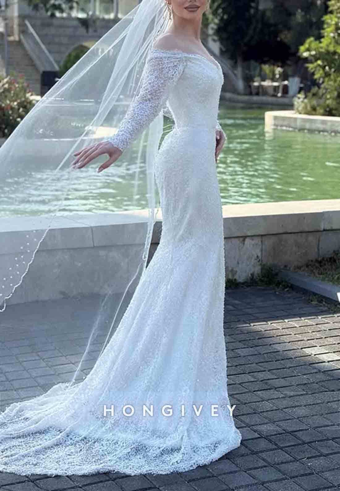 Lace Off the Shoulder Long Sleeves Sequined Mermaid Wedding Dresses